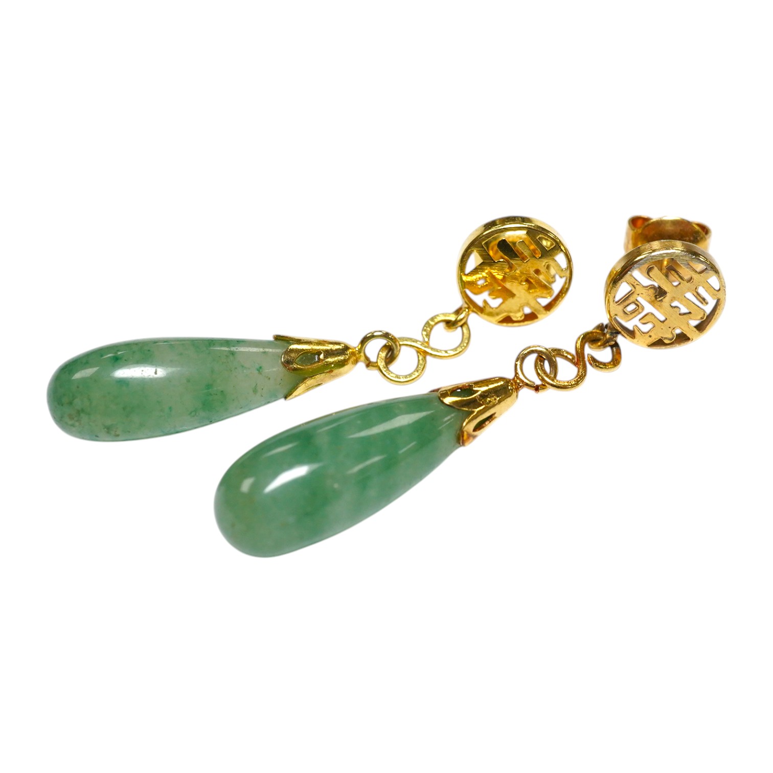 A pair Chinese yellow metal and teardrop shaped jade earrings, 42mm, gross weight 5.1 grams. Condition - fair to good